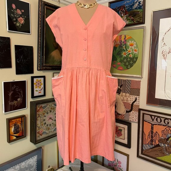 Vintage Dresses 8s Vintage Cottagecore Peach Cotton Button Front